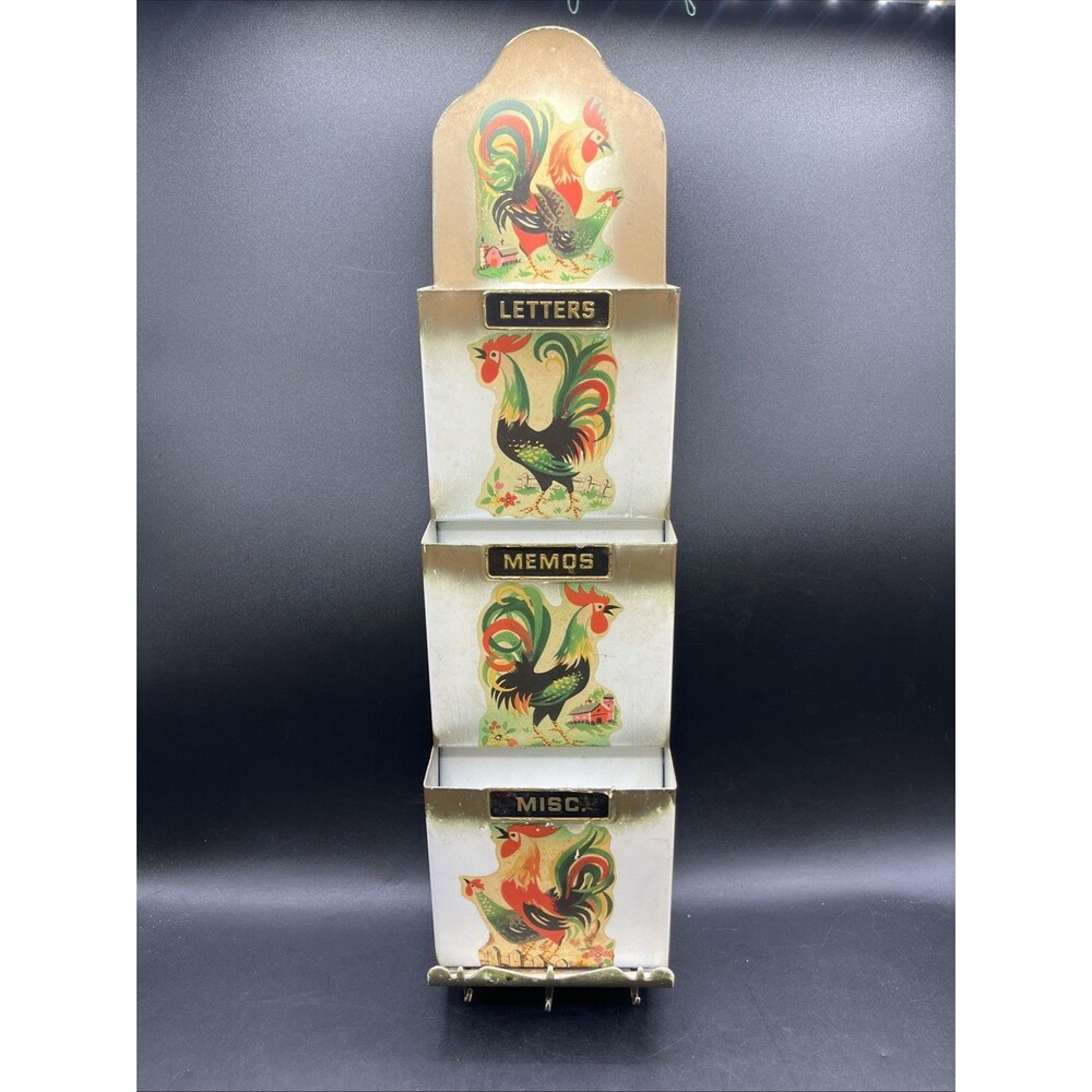 Vintage Tin Litho Mail Letters Memos Misc Wall Organizer Graphics Roosters 1970s